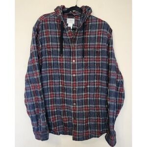 LL Bean Mens Hooded Flannel Shacket Large Plaid Hooded Snap Buttons Jacket